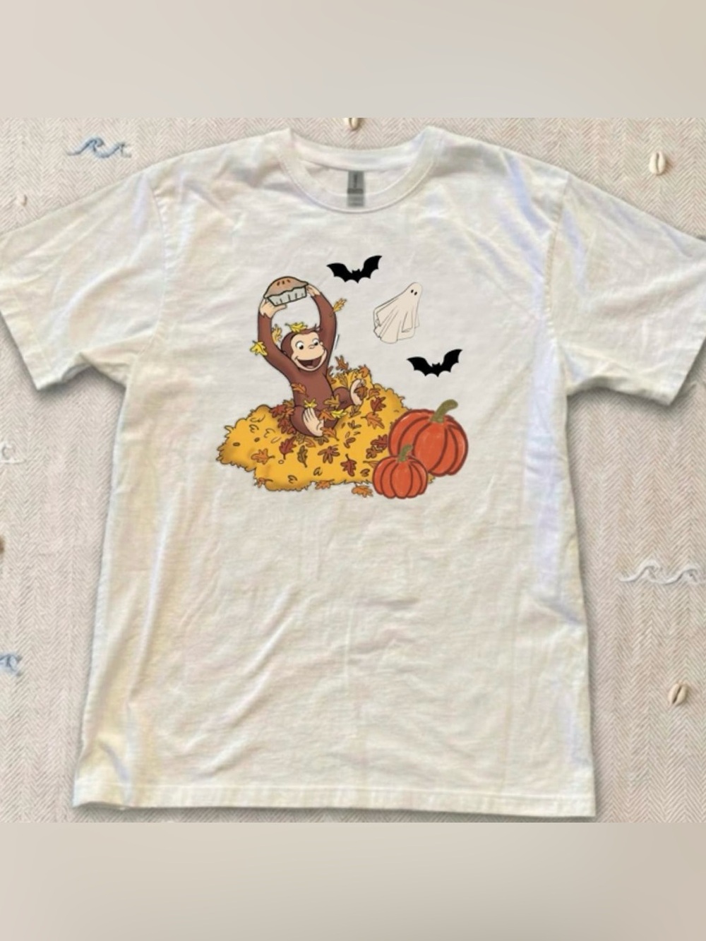 Gildan White Tee with Playful Monkey & Pumpkin Fall Graphic